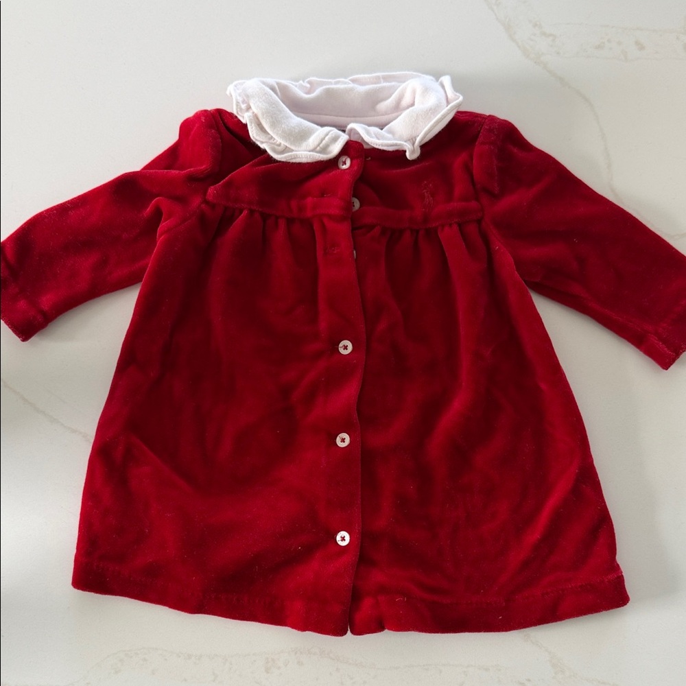 Ralph Lauren Red Velvet Baby Dress with White Peter Pan Collar